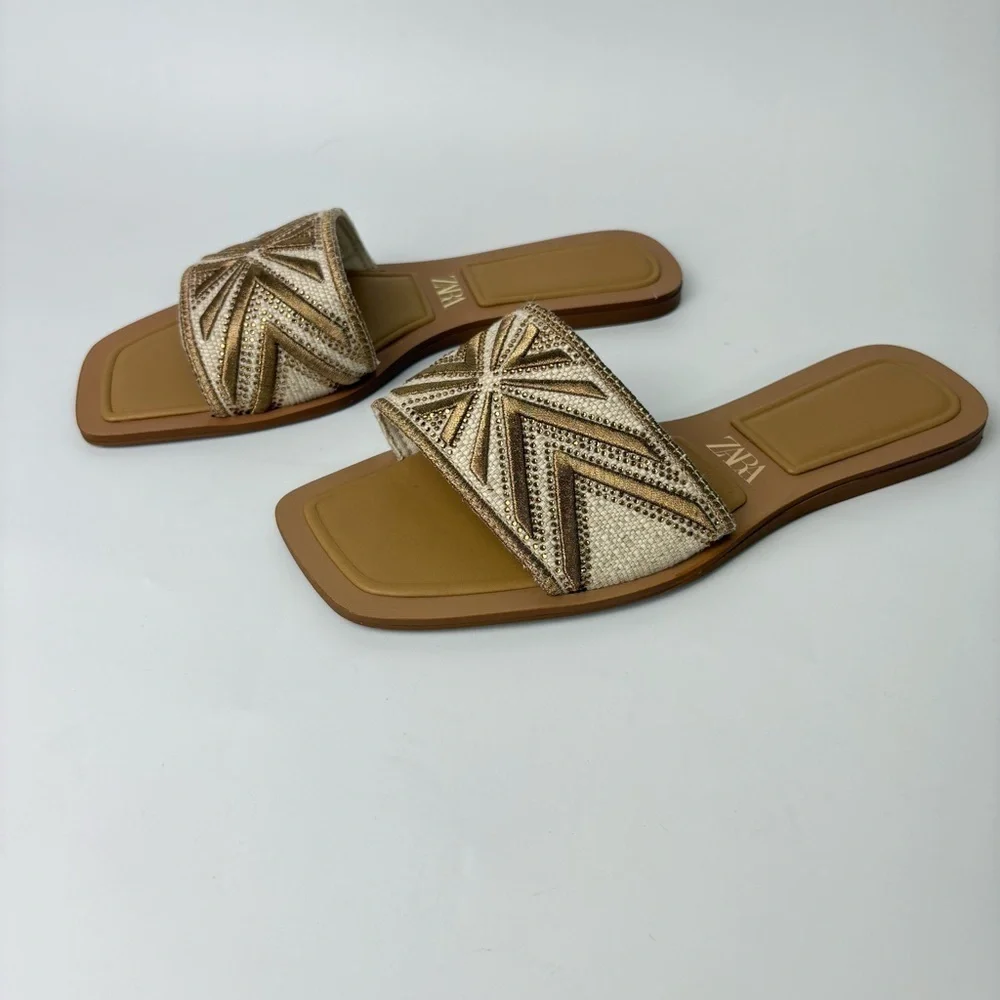 Zara Women’s Rhinestone Fabric Embroidered Sandals